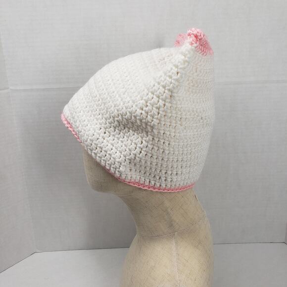 Cat Ear Beanie Crochet Hat White Pink Stripe Handmade Knit Kitty Soft Winter - Picture 9 of 16